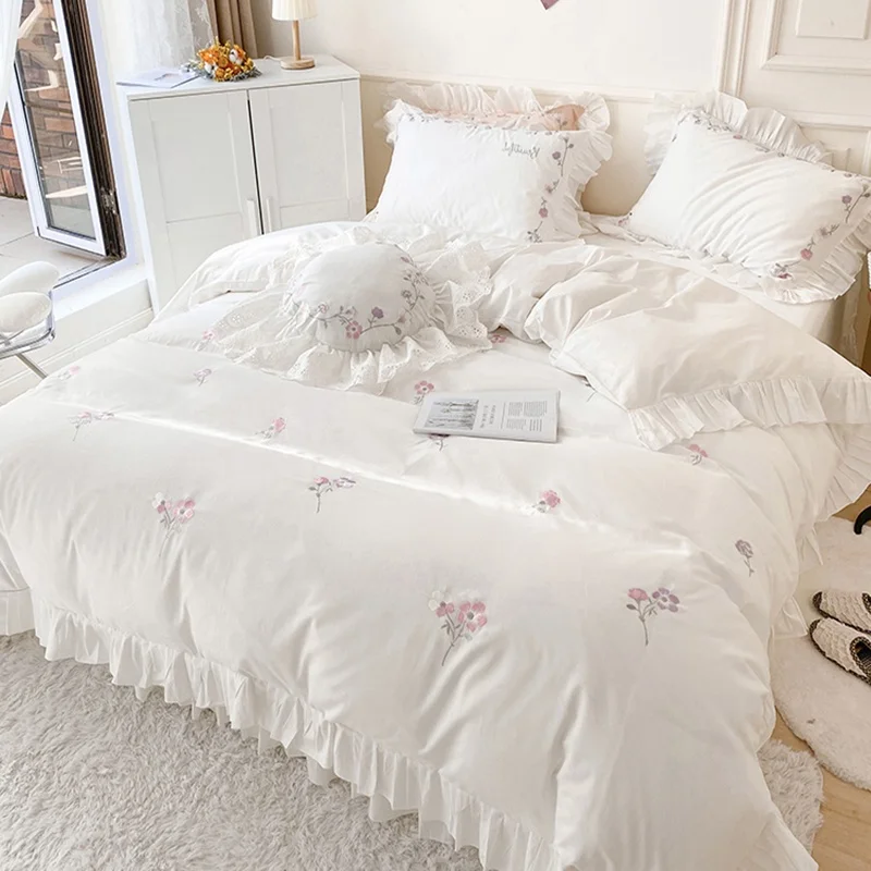 

Trendy Pure Cotton Bedding Set Princ Sle Lace Trim White Duvet Cover Embroidered Girl Heart Bed eet Four Piece Set