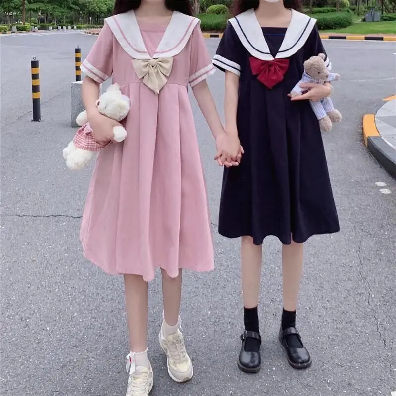 

2026 Summer Sweet Preppy Style Jk Dress Sailor Collar Boudoir Dress Bow Girl Short Sleeve Dress Student Cute A-line Dress Women