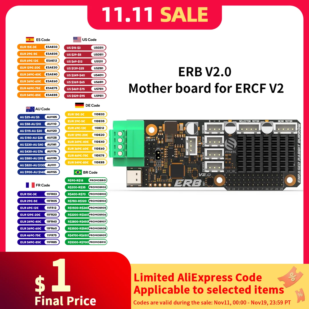 FYSETC ERB V2.0 Mother board Onboard tmc2209 Drivers with CANBUS interface for Voron  ERCF V2.0  Enraged Rabbit Carrot Feeder