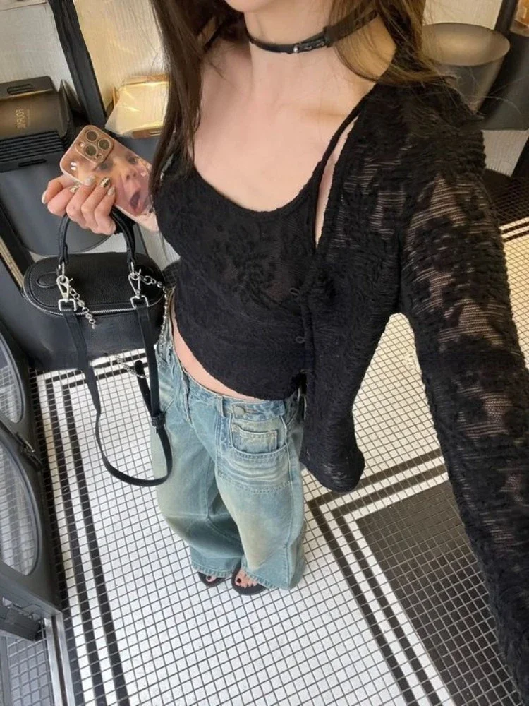

Y2K Lace Jacquard Cardigan Set Women Harajuku Vintage Single Breasted Slim Tops Japanese Grunge Fashion Pull Femme Mujer