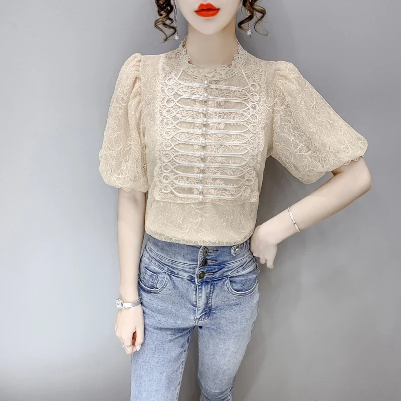 Vintage Puff Sleeve Ladies Tops Summer 2024 Fashion Short Sleeve Casual Blouses Korean Style Beading White Black Lace Shirts y2k