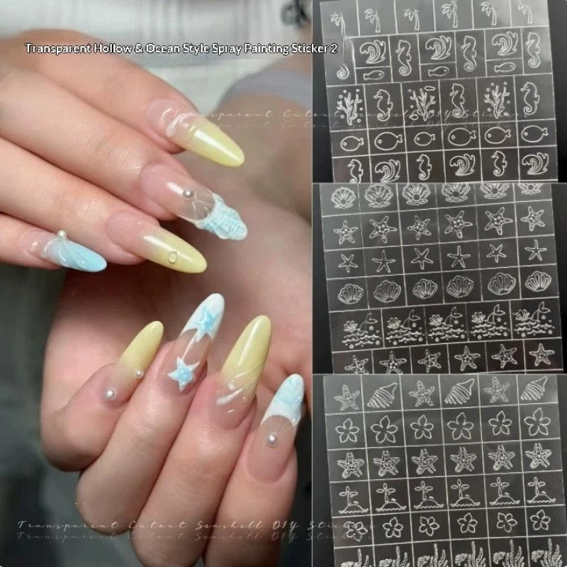 1 Sheet Ocean Hollow Line Nail Stickers Sea Horse Starfish Shell Transparent Nail Decals DIY Manicure Decor For Daily Salon Use