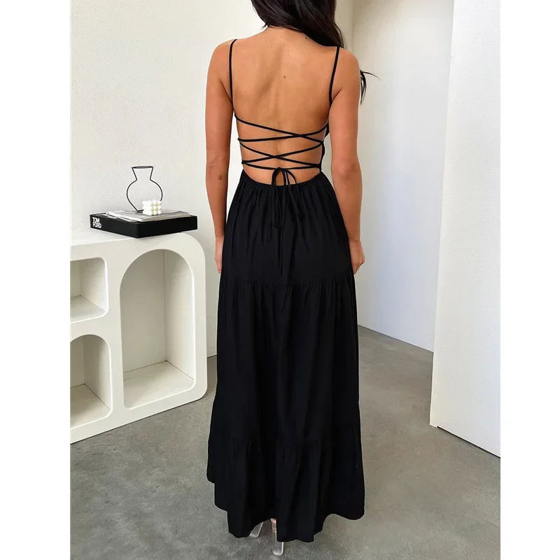 y2k Summer Long Dress Women Solid Color Tie Up Spaghetti Strap Sleeveless Backless Loose Dress Beach Party Dresses