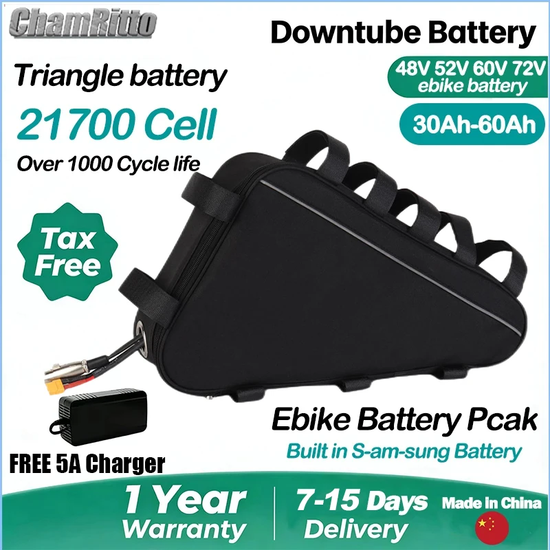 

Аккумулятор для электровелосипеда 60В/72В 3000Вт, треугольный, 36В/48В/52В, 30Ач/40Ач/50Ач/60Ач, Chamrider, 1000Вт/2000Вт, литиевая батарея 21700