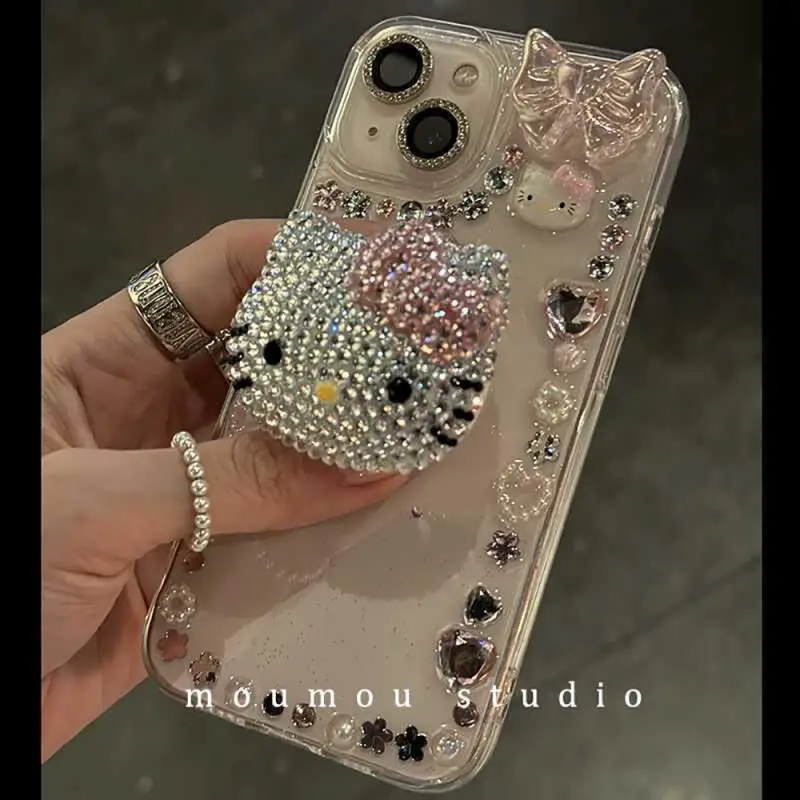 Kawaii Hello Kittys Diamond Apple Phone Case with Stand Transparent Girl Student Case for Iphone15 14 13 12 Pro Promax Case Gift