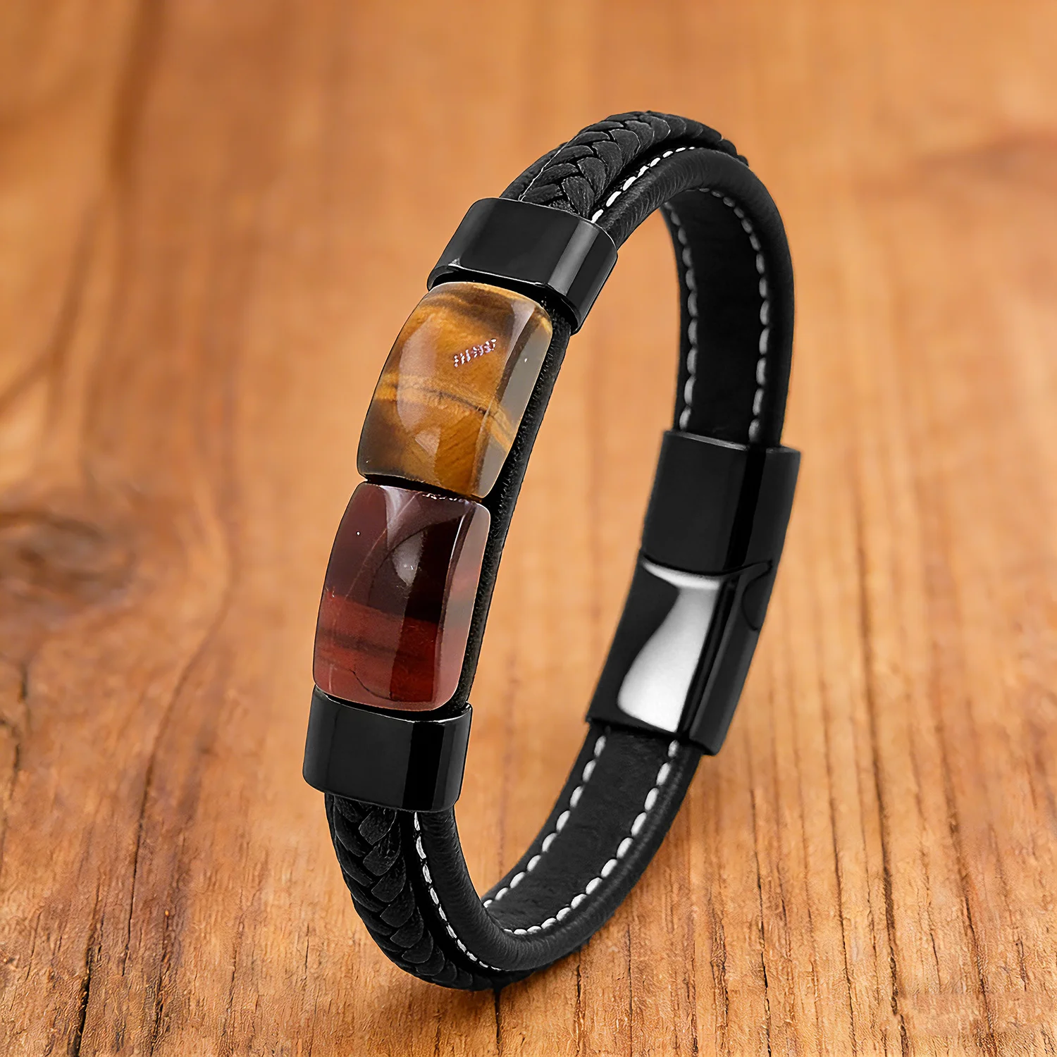 Natürliches Armband aus Tigeraugenstein und gewebtem Leder für Damen und Herren, schwarzes Metall, 2026, trendiger Modeschmuck, luxuriös – Detail 6