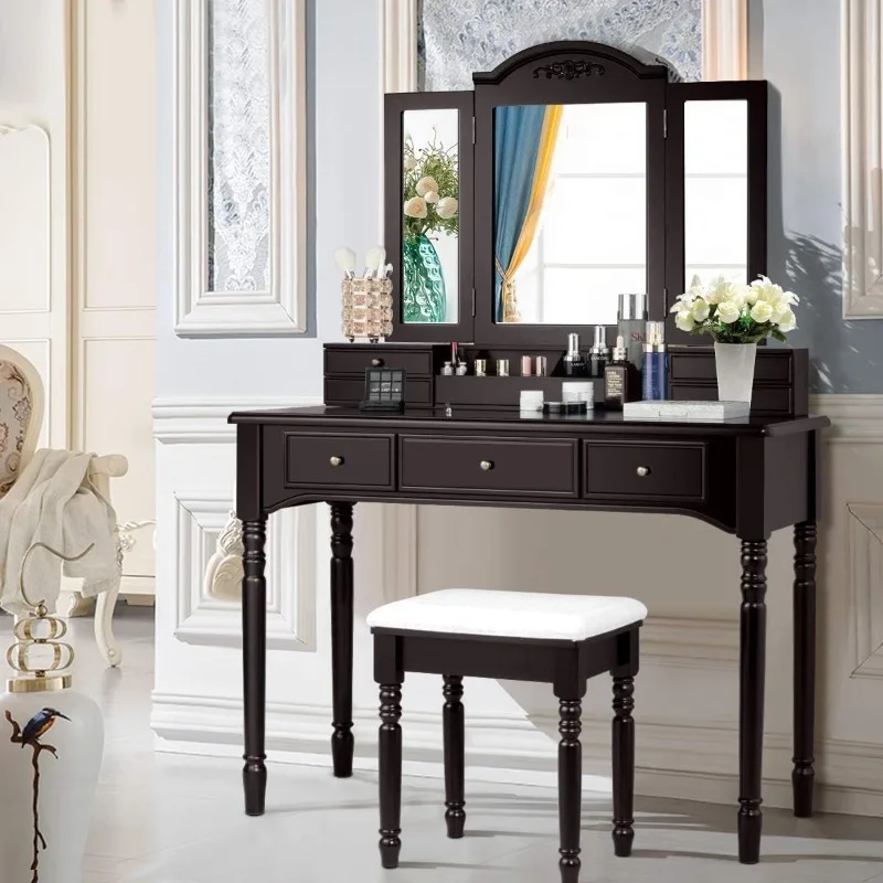 Large Makeup Vanity Table, Tri-fold Mirror with 8 Necklace Hooks Backside, 7 Drawers, 4 Storage Compartments, with Stool