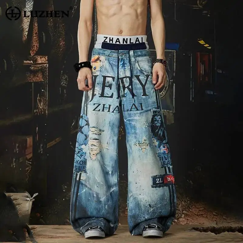 LUZHEN 2026 New Original 3D Pattern Printed Baggy Straight Jeans Men's Fashion Personalized Street Wide Leg Denim Pants JY6663
