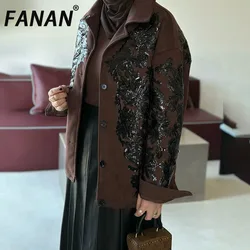 FANAN Jacquard Design Jackets For Women Lapel Single Breasted Long Sleeve Streetwear Coats Female Clothes Fashion 2025 New
