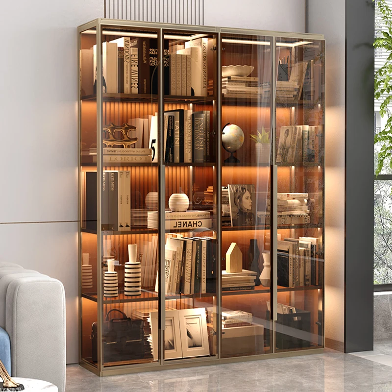 Aluminum alloy bookshelf storage, luxurious floor to ceiling bookshelf storage, handmade glass door display cabinet