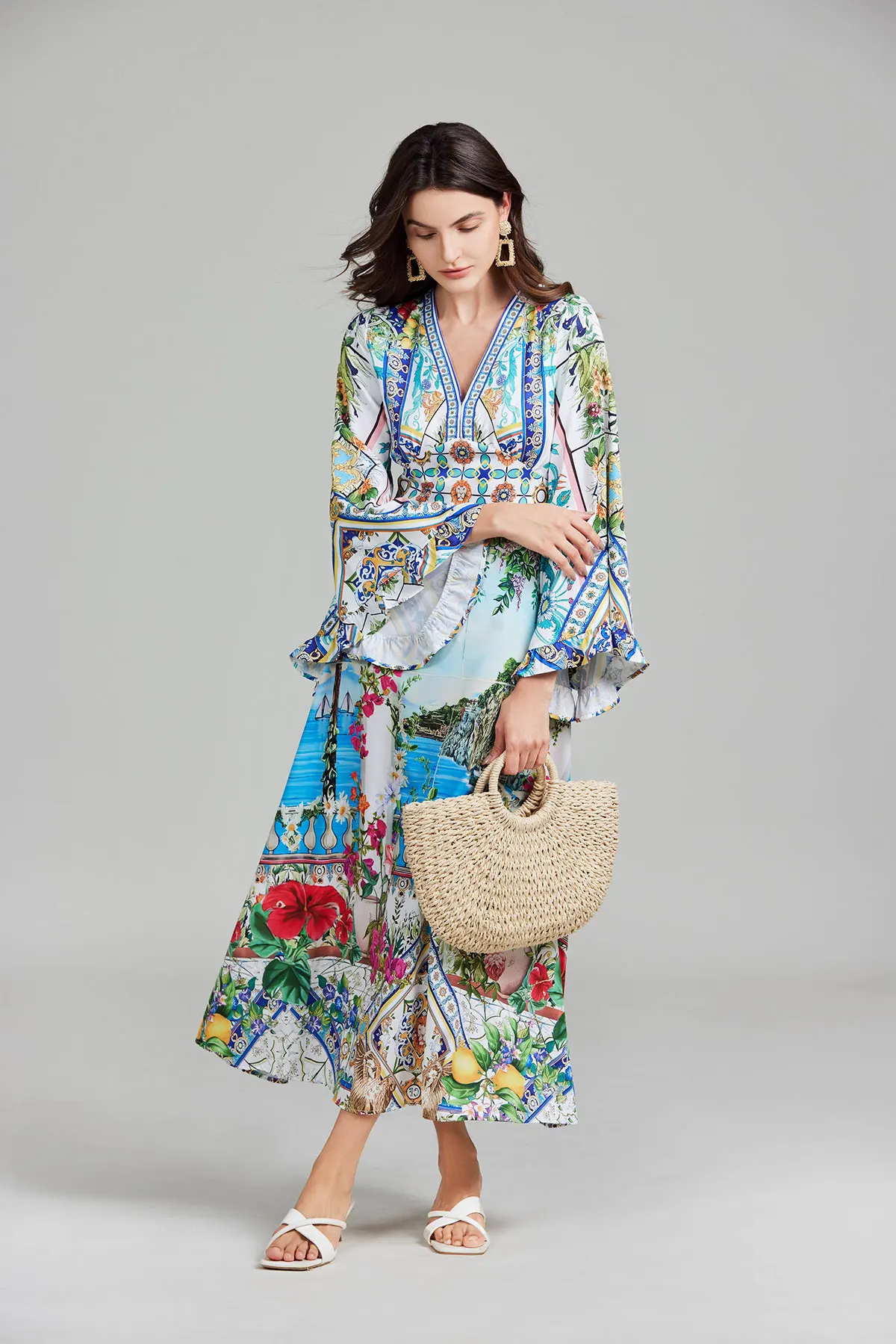 New Autumn Runway Gorgeous Flower Holiday Maxi Clothes Women\'s V Neck Flare Sleeve High Waist Flower Print Boho Long Dress