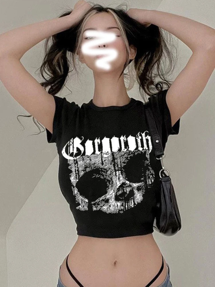 Vintage short sleeve T-shirt 90s Gothic Harajuku print pattern croptop skeleton Skull punk streetwear aesthetic female mujer top