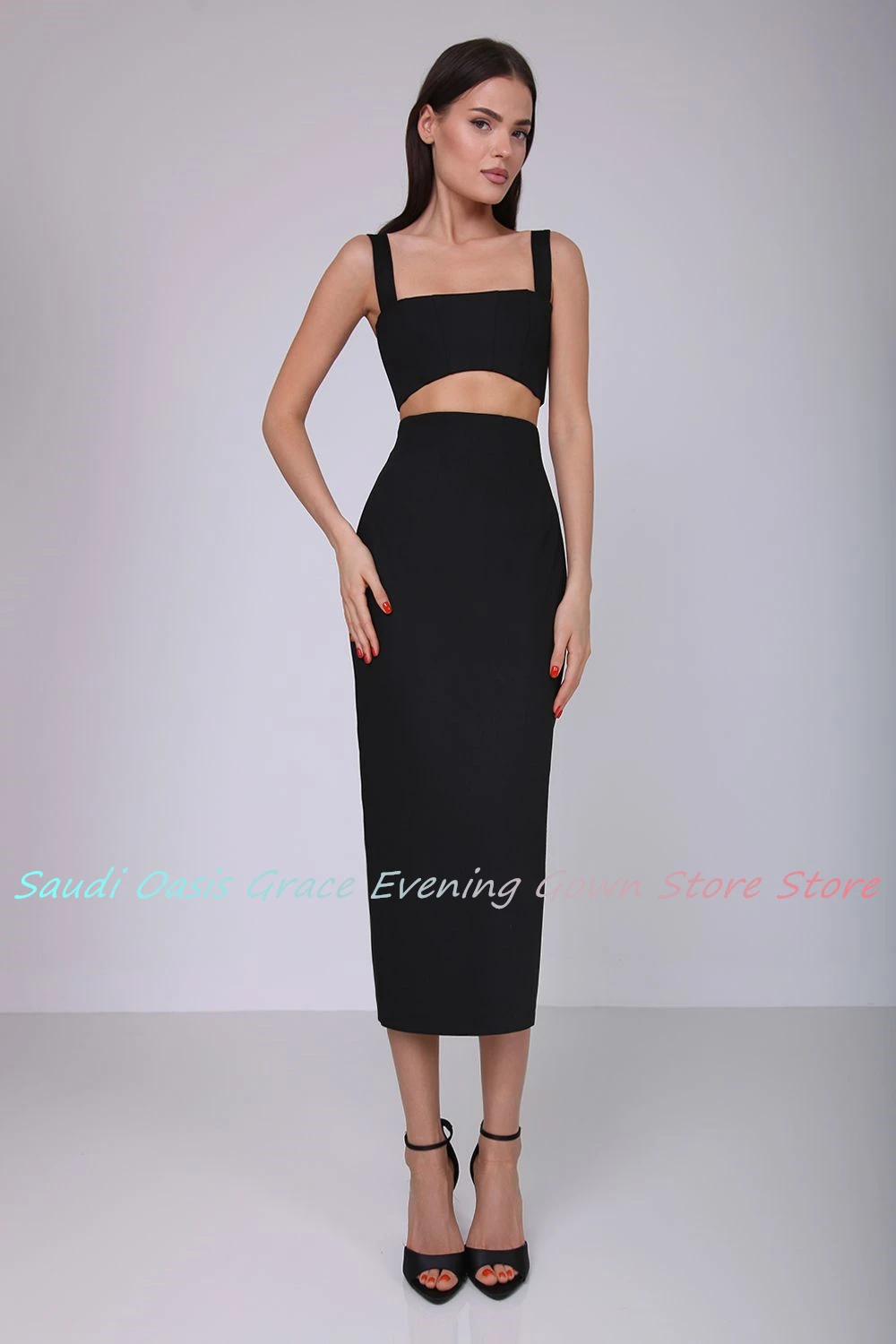 Temperament Jersey Straight Spaghetti Straps Evening Dress High Quality Tea Length Back Slit فساتين سهره نسائيه فخمة image 3