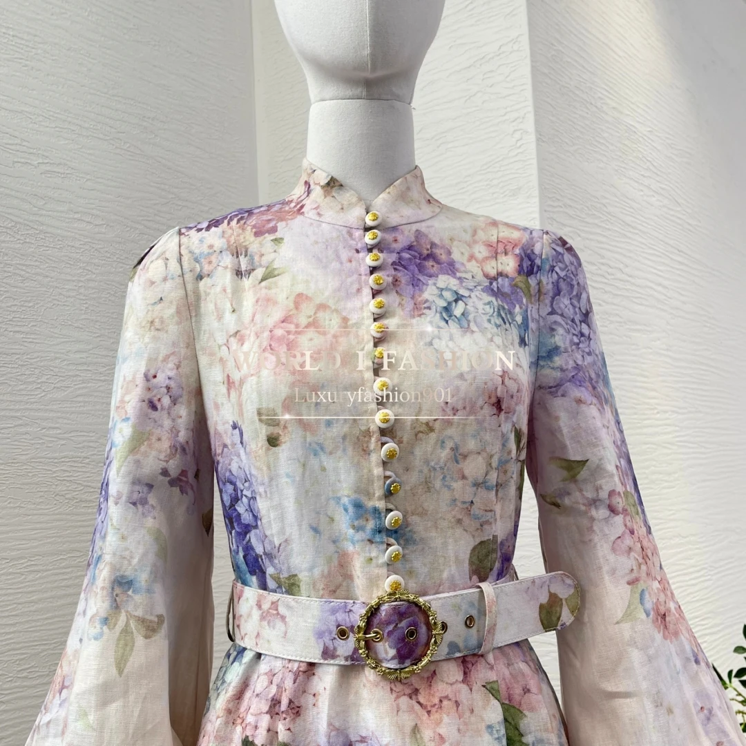 Nouveau Printemps multicolore imprimé fleuri à manches longues col montant robe mi-longue pour les femmes
