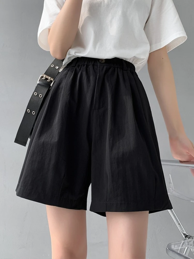 zjaiss Elastic Waist With Drawstring Loose Wide Leg Solid Color Bermuda Pants Summer New Cotton Pocket Shorts For Women