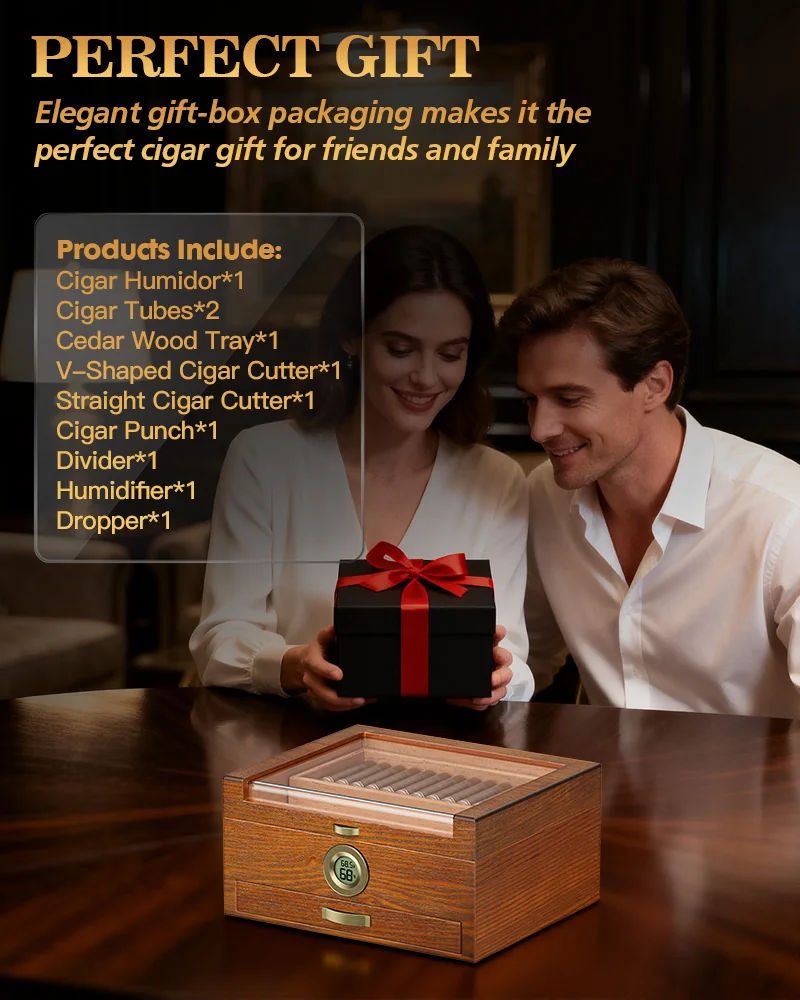 Cigar Humidor with Built-in Music Box System and Cedar Wood Tray-Transparent Top Desktop Humidor,Digital Hygrometer & Humidifier