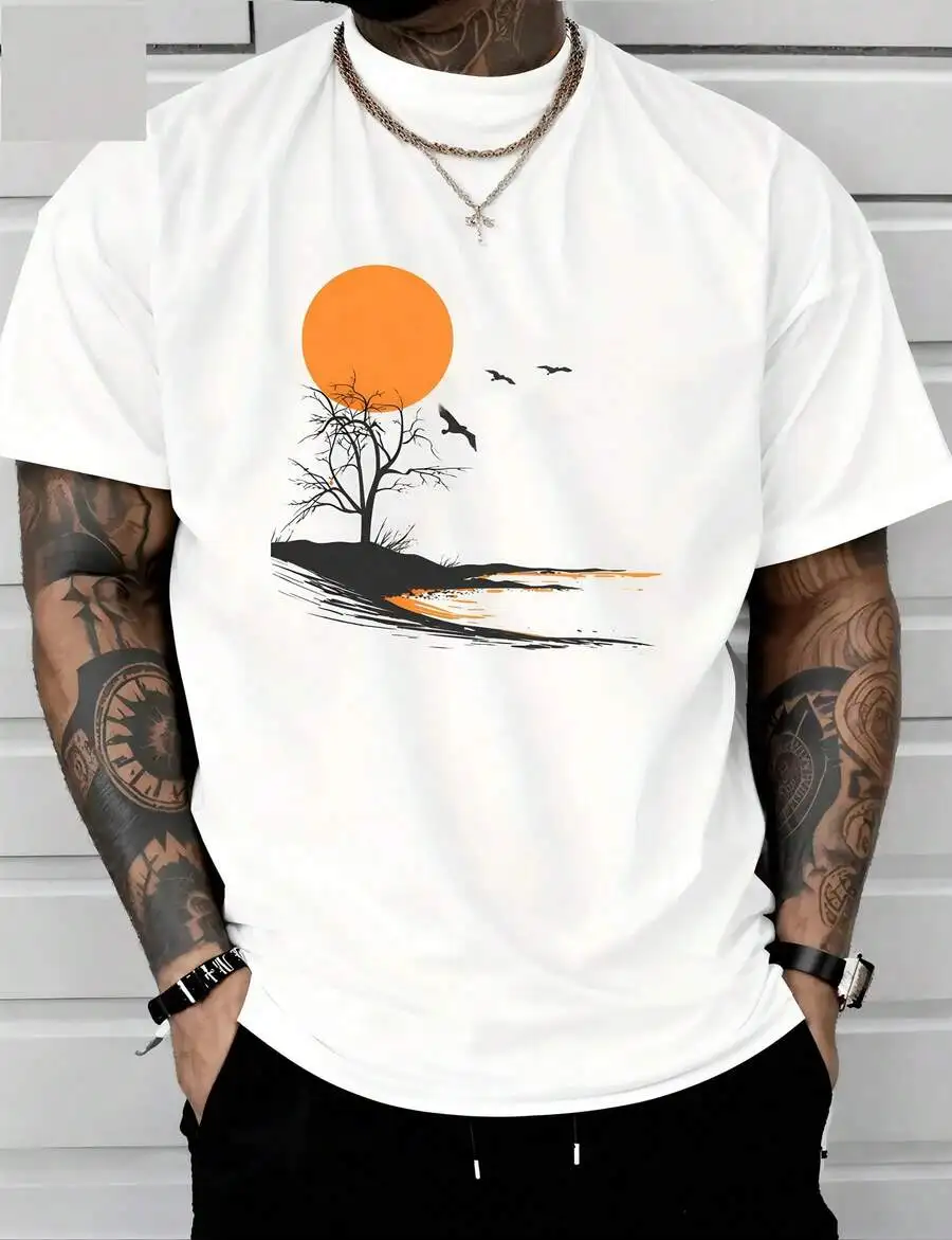 1pc Man' Sunset Tree Print White TShirt Crew Neck Casual Cotton Tee Medium Stretch Knit Fabric Regular Fit For Boys Man Perfect