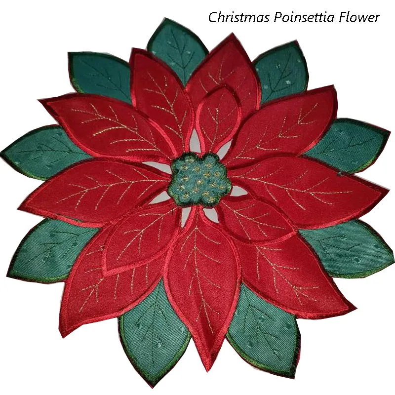 HOT red Christmas Poinsettia Flower embroidery table place mat Cloth placemat coaster kitchen Table decoration and accessories