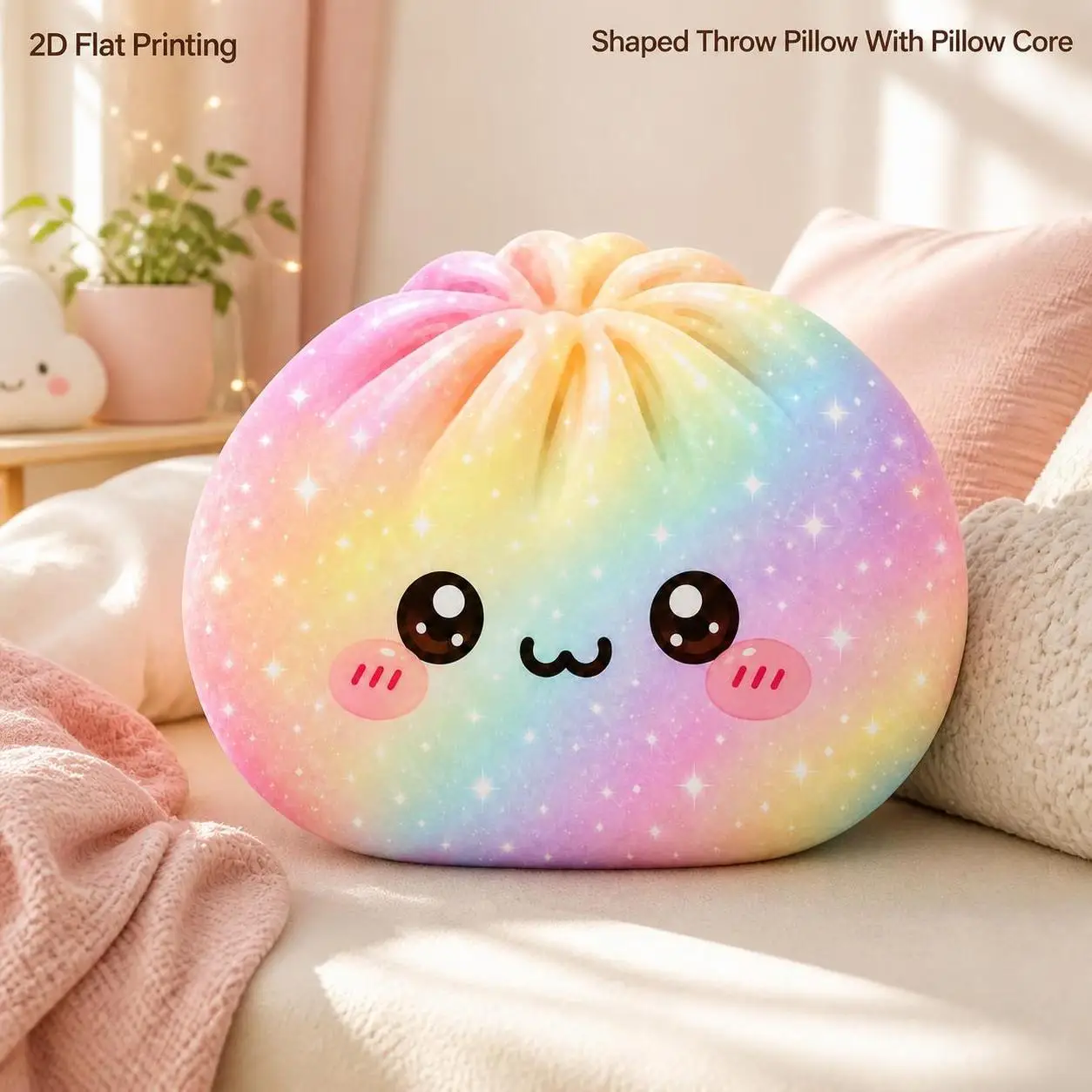 Rainbow Bao Bun Dumpling Shape Throw Pillow 2D Flat Printing Decorative Cushion for Bedroom Sofa Party Decor Women Cute Gift