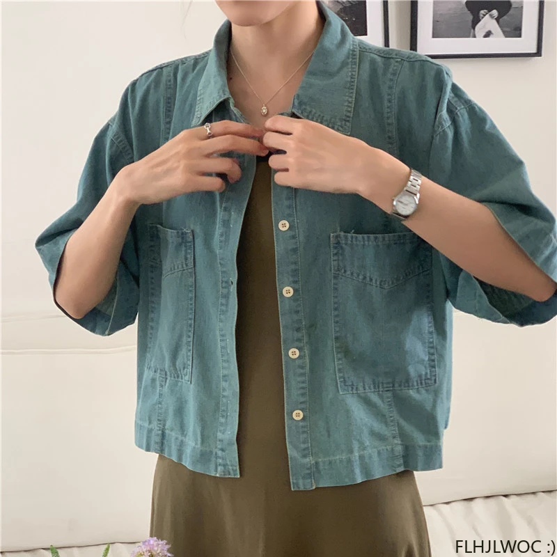 Cotton Denim Shirt 2023 New Design Temperament Women Blouses Office Lady Solid Blue Jeans Single-Breasted Button Shirts FLHJLWOC