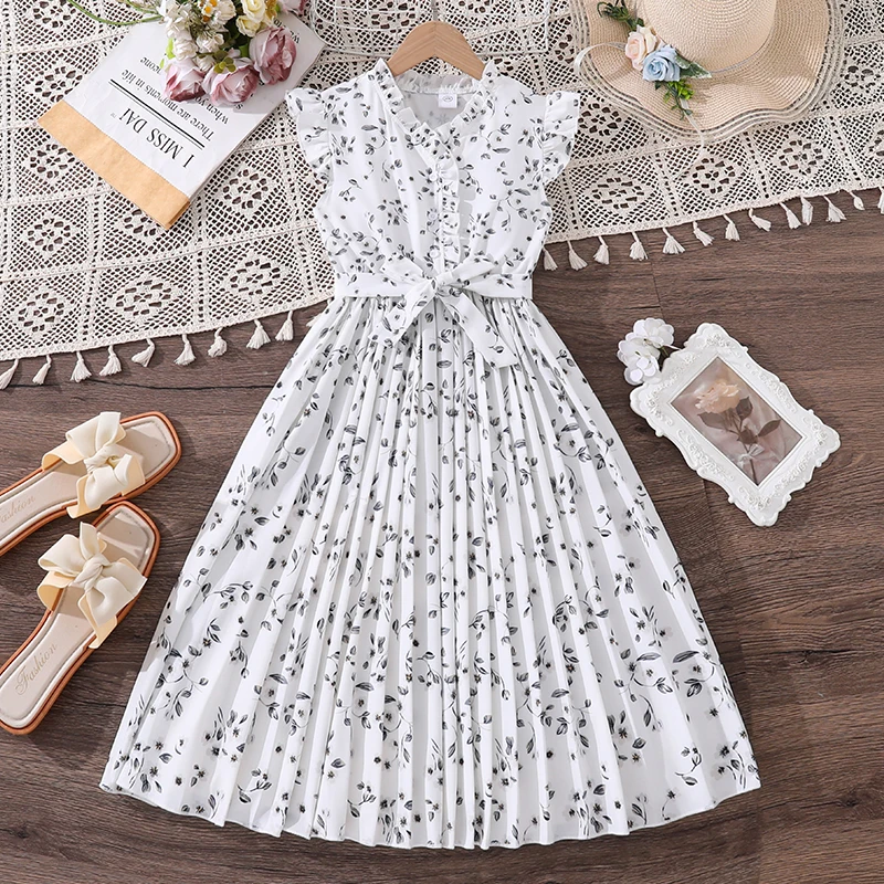 

Белое летнее повседневное платье для девочек 8-12 лет, с цветочным принтом, рукавами с оборками спереди и подходящим поясом, на каждый день