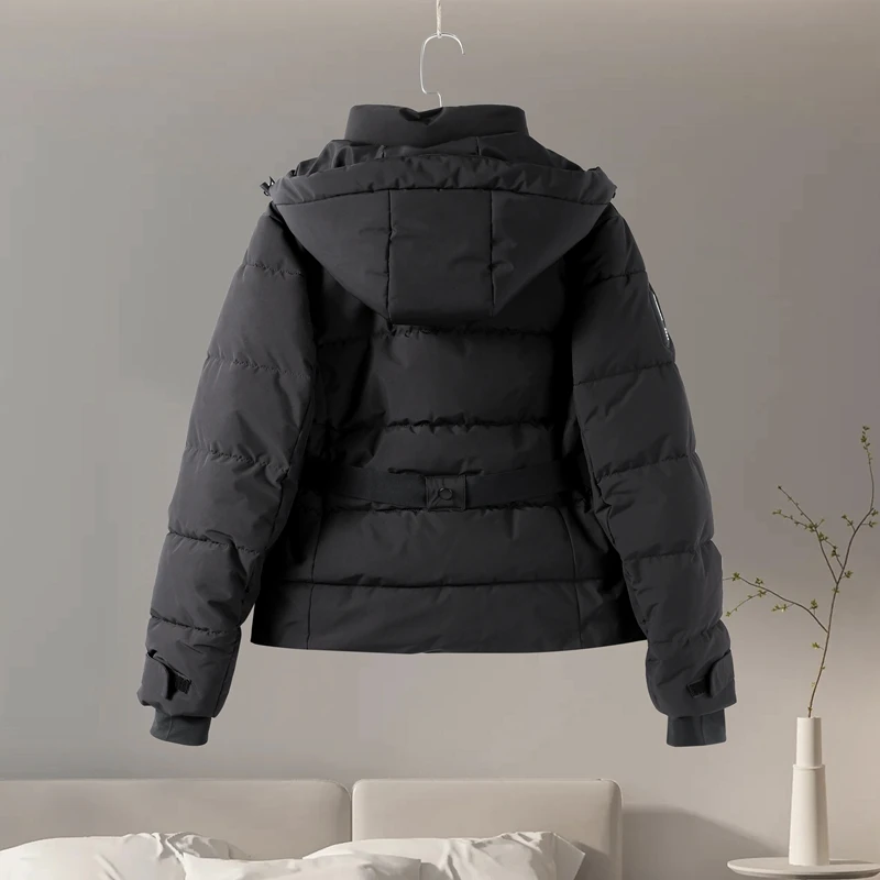 Hooded Skiing Coats Women Solid Stand Collar Belts Pleated Zippers Full Sleeve Thicken Cotton Jacket 2026 Winter Lady Outwears
