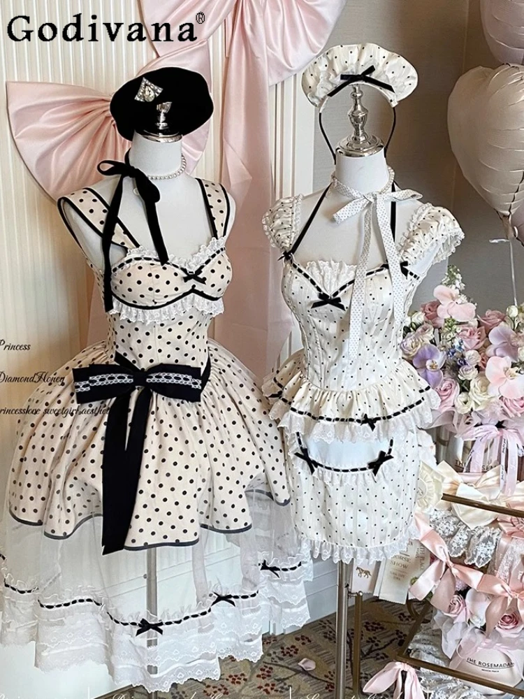 

French Elegant Retro Long Dresses Summer New Woman's Polka Dot Print Cute Bow Sweet Princess Dress Japanese Lolita Sling Dress