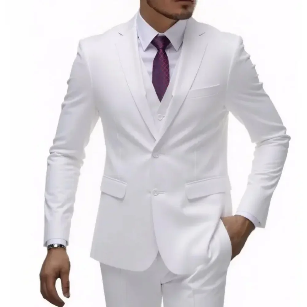 

White Men's Business Suit 3-piece Slim Fit Jacket Pants Vest Formal Commuting Clothes Wedding Groom Tuxedo