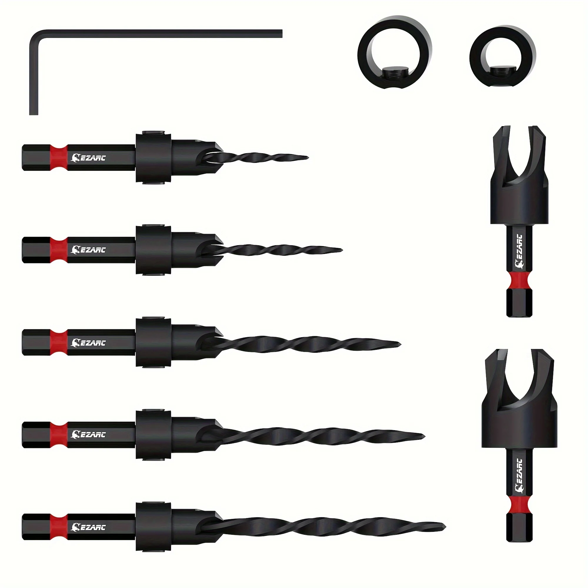 

EZARC 10PCS Countersink Drill Bits for Woodworking, Tapered Drill Bits with 1/4" Hex Shank, Wood Plug Cutters and Stop Collars