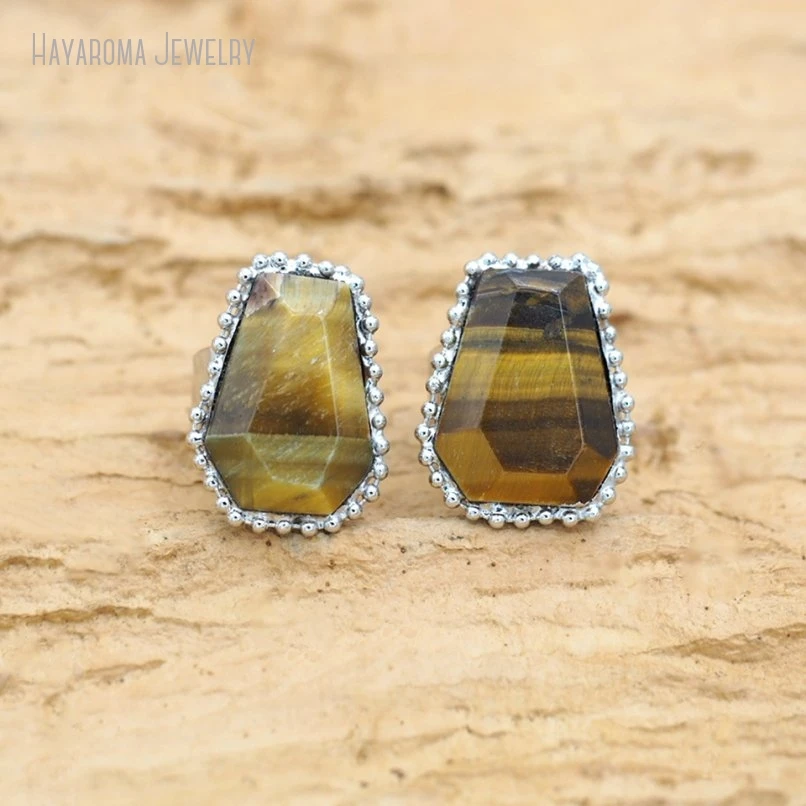 10Pcs Wholesale Silver Color Stone Tiger Eye Coffin Shape Crystal Pillar Hexagon Ring RM51131