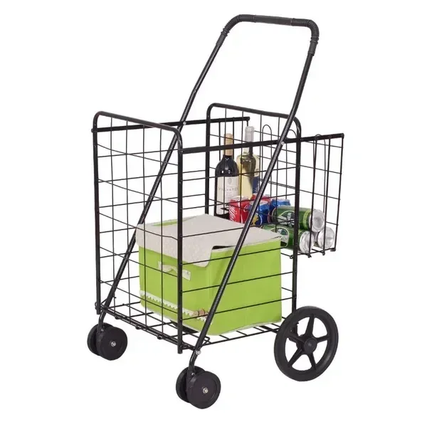 

Jumbo Basket Folding Shopping Cart With Swiveling Wheels And Dual Storage Baskets