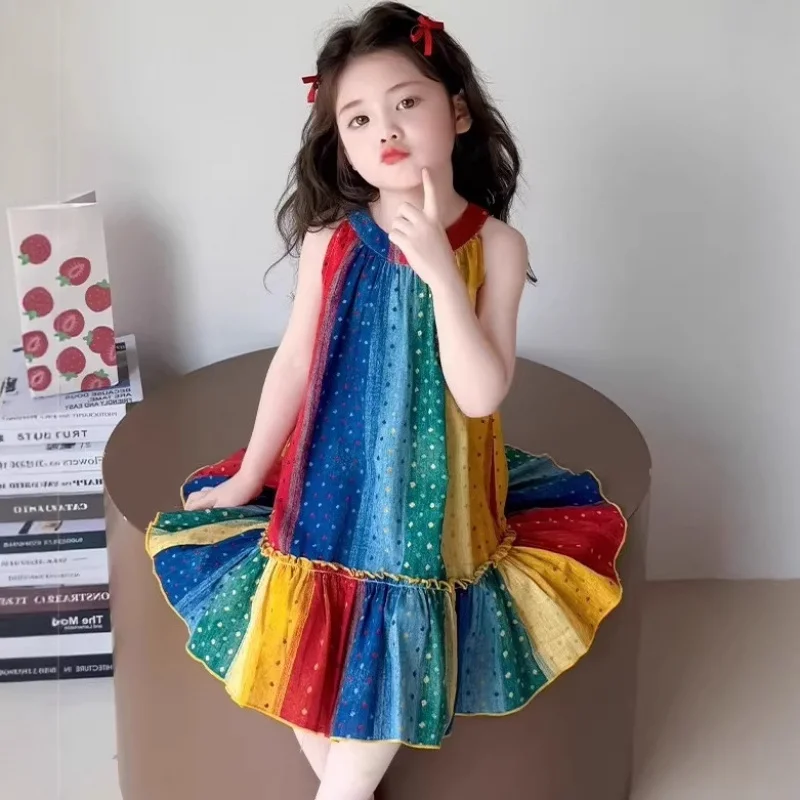 

Children's clothing, girls' dress, rainbow sleeveless color-blocked dress, tank dress2026New children's clothing in stock, sweet