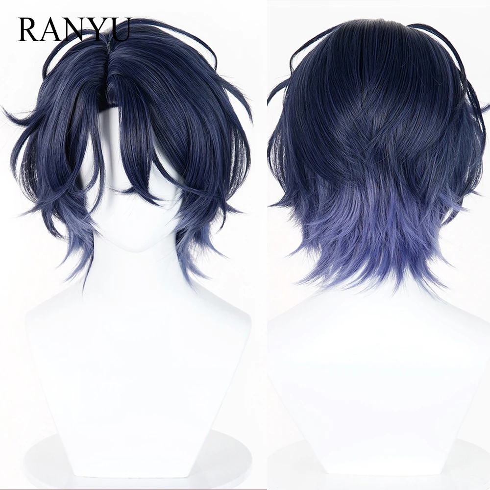 Ombre Blue Short Straight Synthetic Wigs Middle Part Anime Game Cosplay Fluffy Heat Resistant Wig for Daily Party