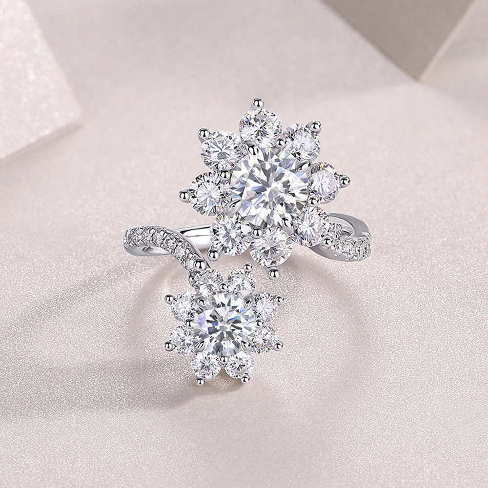 Double Sunflower Full Moissanite Engagement Rings For Women GRA Certified 925 Sterling Silver Adjustable Wedding Bands Jewelry