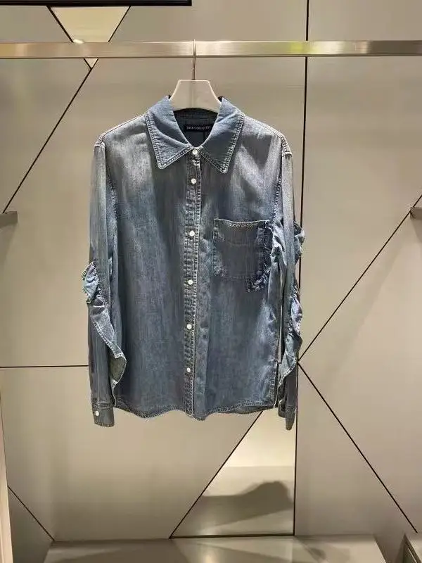 

Повседневная свободная джинсовая рубашка с длинным рукавом для женщин, модная, с эффектом потертости, с воротником-рюшами, свободного кроя, для отдыха, весенняя