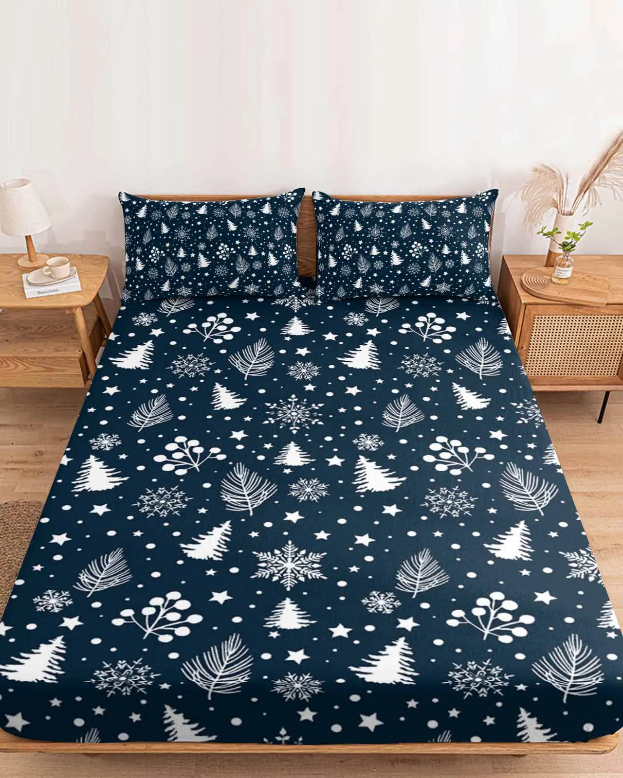 

Hand Drawn Pine Needles Polyester Fitted Sheet Mattress Cover Four Corners Elastic Band Bed Sheet Pilllowcase