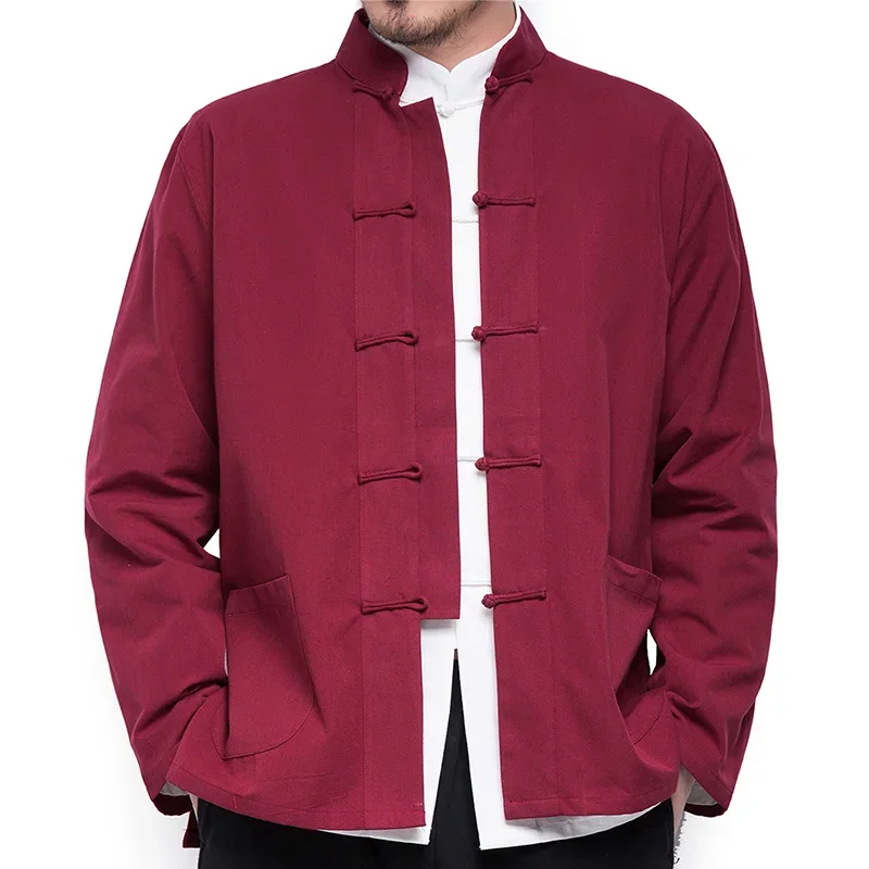 Long Sleeve Cotton Traditional Chinese Clothes Tang Suit Top Men Kung Fu Tai Chi Tang Lengan Panjang Shirt Blouse Coat Jacket