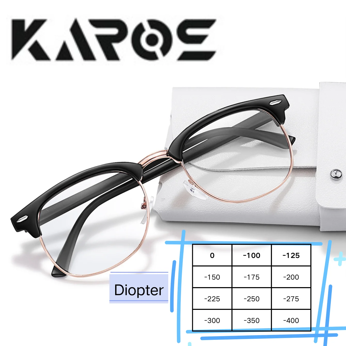 Karos Lesebrille mit Sehstärke, Blaulichtblockierende Brille, quadratischer Rahmen, klare Sicht für Büro und Studium, 0 -100 -200 -300