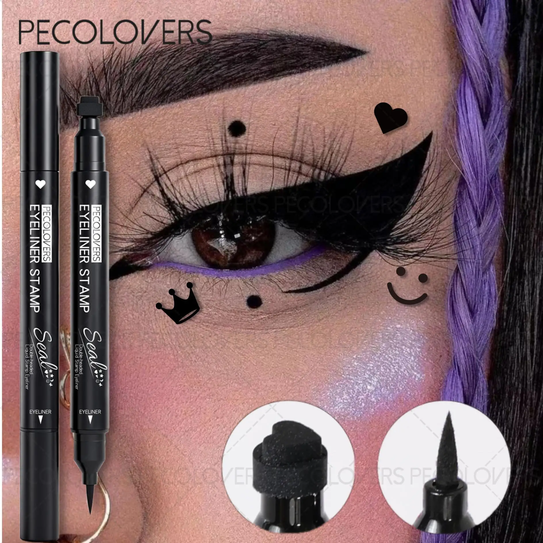 Eyeliner liquide waterproof avec motifs mignons (étoiles, cœurs, lunes, papillons), Eyeliner liquide noir, Stylo eyeliner liquide noir