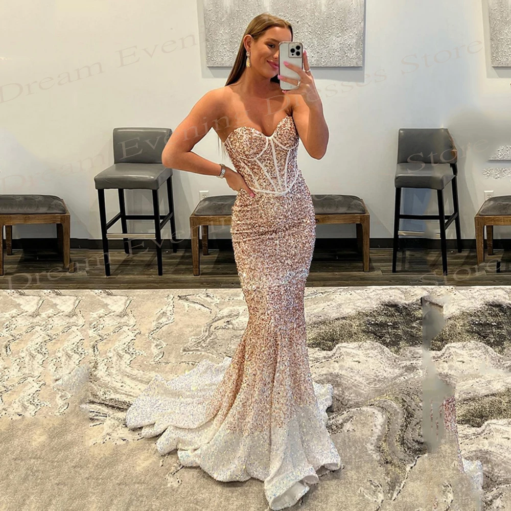 

Sexy Strapless Mermaid Sparkling Evening Dresses Sleeveless Sequined Backless Prom Gowns Vestidos De Fiesta Elegantes Para Mujer