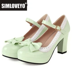 SIMLOVEYO 2023 Spring Bowtie Cute Pumps Mary Round Toe PU Buckle Strap Sweet 9cm Block Heels Big Size 33-46 A4089 Green