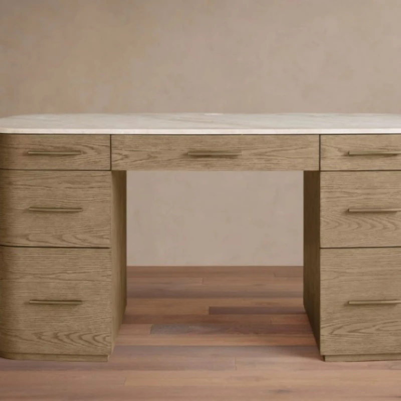 Luxury curved storage writing desk natural marble desktop solid wood frame brass handle family desk