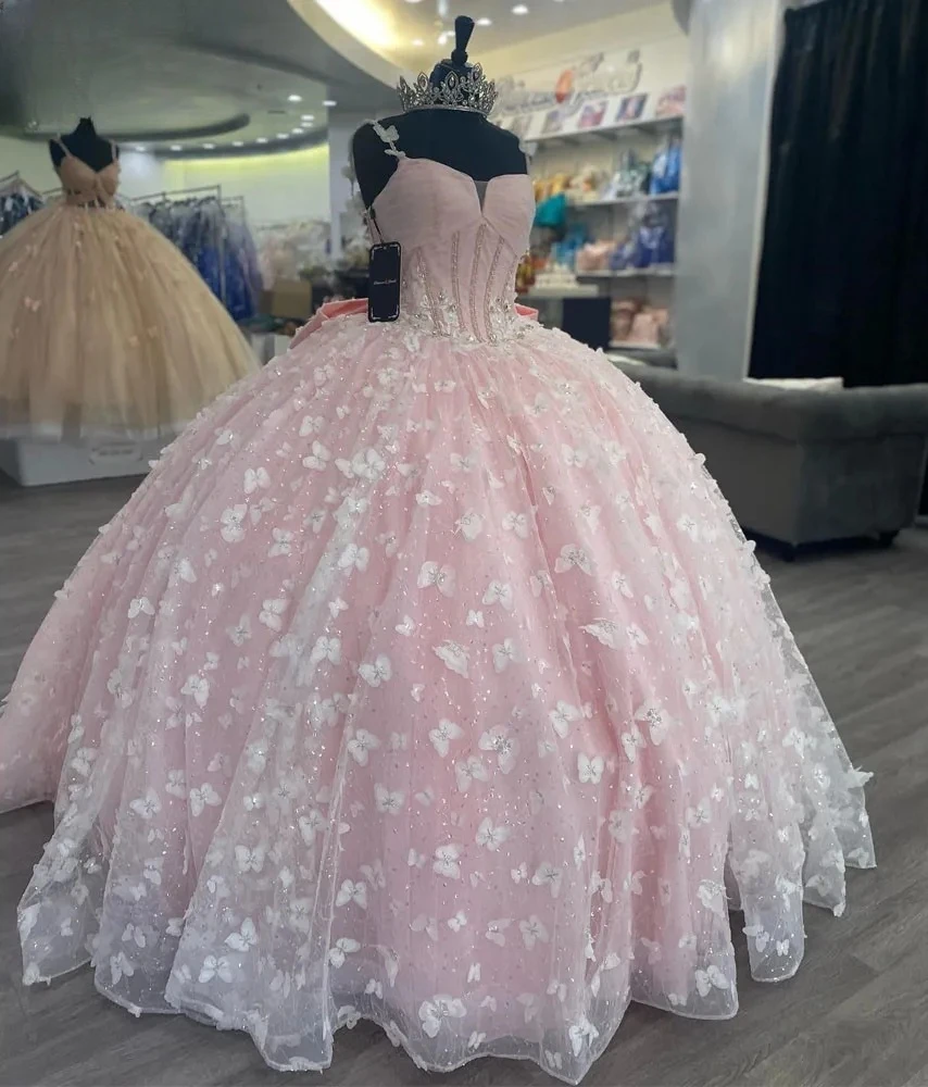 Vestidos de quinceañera Rosa Charro, vestido de baile con tirantes finos, tul con cuentas, dulce mexicano 16, 15 años