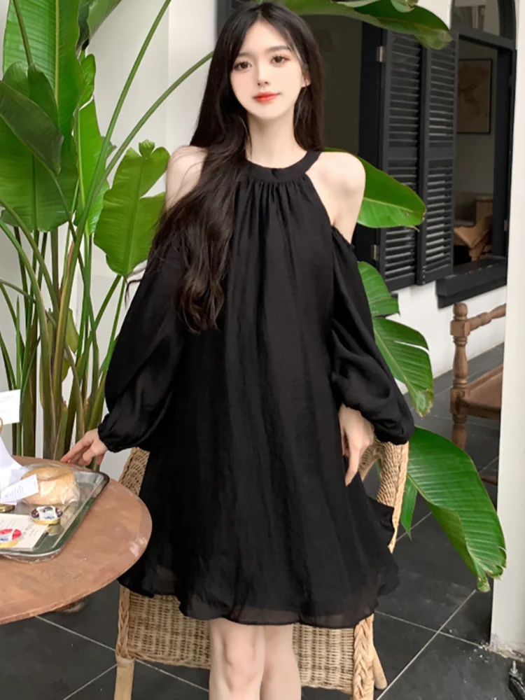

Spring Summer Black Chiffon Off Shoulder Neck-mounted Dress Women Elegant Looses Casual Short Dress 2025 Korean Vintage Vestidos