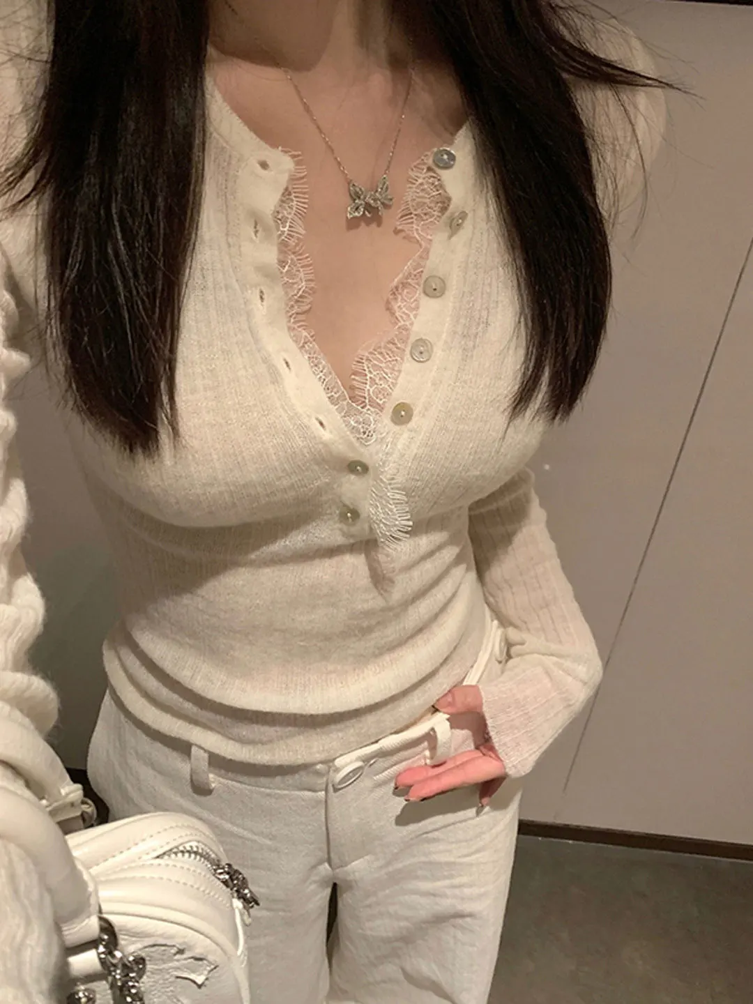 

Korean Style Lace Underwear V-Neck Knitted Shirt Women's Slim Fit Autumn Winter Outerwear Soft Warm Color Top