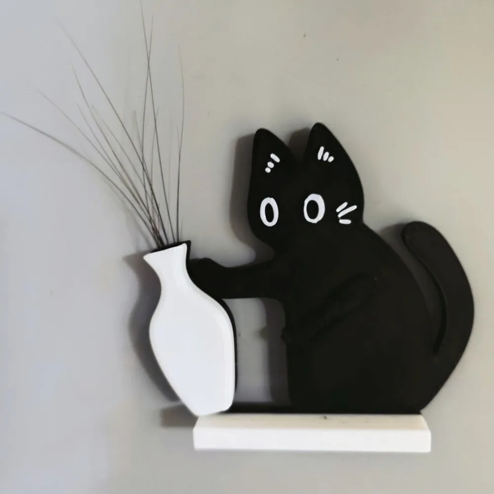 Acrylic Cat Whiskers Collection Ornaments Magnetic Cartoon Cat Refrigerator Sticker Black Cat Pushing Vase Decor
