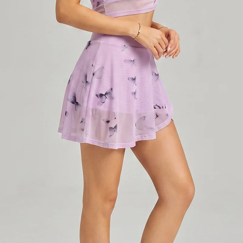 New Breathable Printed Mesh Yoga Short Skirt Fake Two-piece Anti Glare Fashionable And Simple Fitness Sports Short Skirt