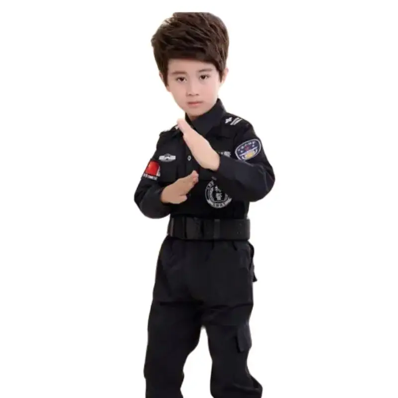 1 set/lotto bambini Halloween poliziotto costumi bambini partito polizia uniforme nera ragazzi esercito poliziotto Cosplay set di abbigliamento