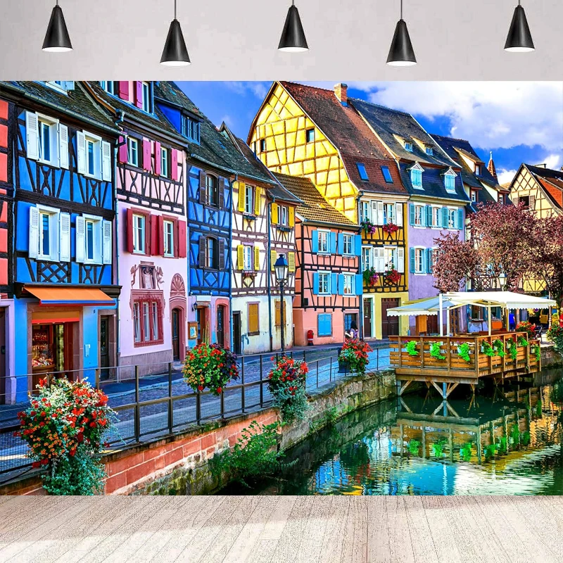 France Colmar Town Photography Backdrop Traditional Town Street For Europe France Travel Themed Wedding Party Decor Background