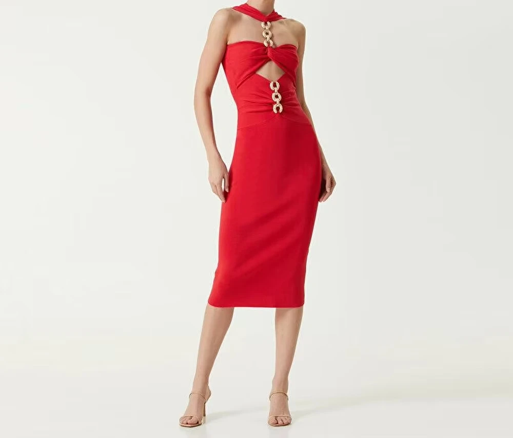 Fashion New Women's Red Metal Circle Sexy Strapless Hollow Midi Long Bandage Elegant Vintage Star Club Dresses